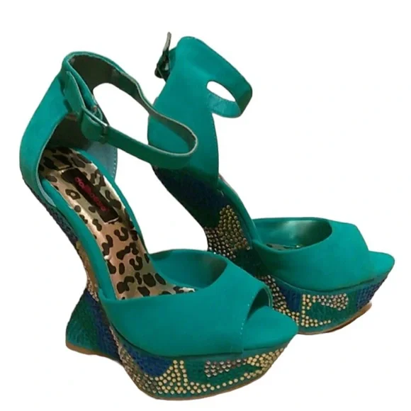 DOLLHOUSE Turaquoise plush suede platform wedges size 7 - Picture 7 of 11